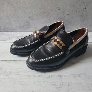 All Black, Black Leather W Gold Buckle Modern Loafer, Size 40 (8 1/2-9)